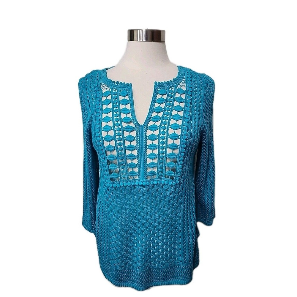Chico's Tunic Top Size 1 Turquoise Crochet Loose Knit Pullover Long Sleeve MED